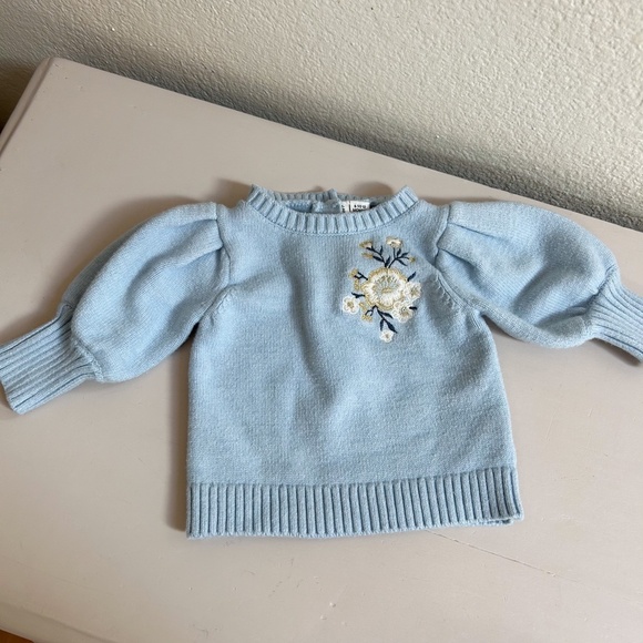 JANIE AND JACK light blue flower applique puff sleeve sweater sz 6-12 months - Picture 3 of 9